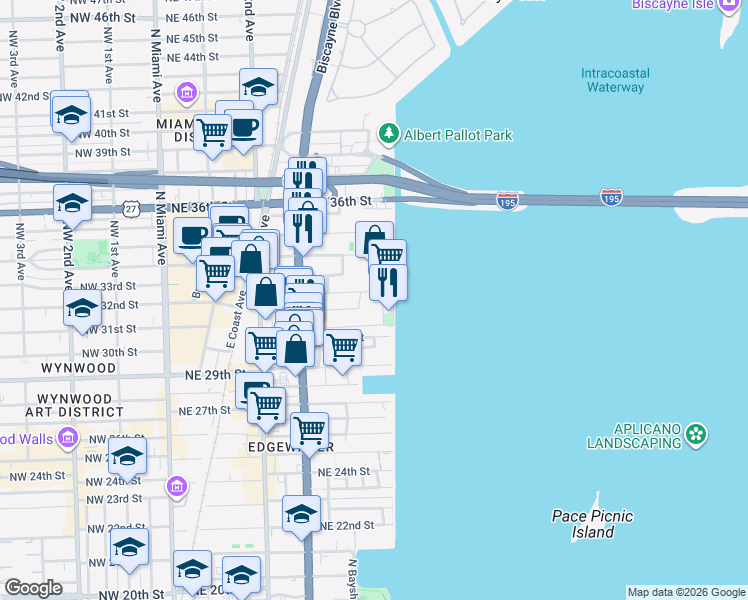 map of restaurants, bars, coffee shops, grocery stores, and more near 650 Northeast 32nd Street in Miami