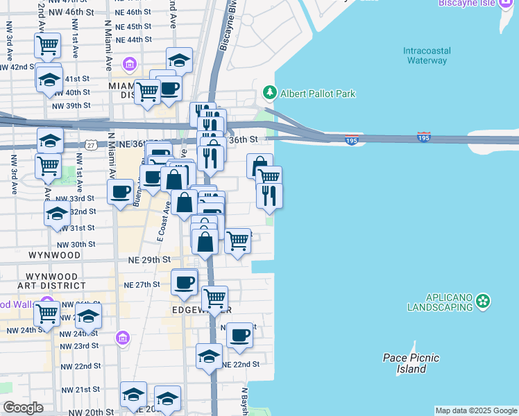 map of restaurants, bars, coffee shops, grocery stores, and more near 650 Northeast 32nd Street in Miami