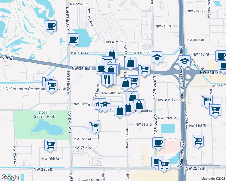 map of restaurants, bars, coffee shops, grocery stores, and more near 8300 Northwest 36th Street in Doral