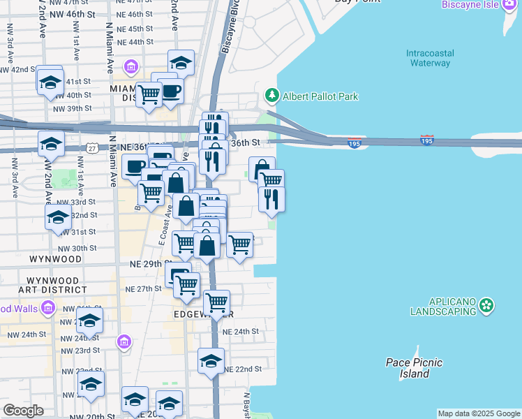 map of restaurants, bars, coffee shops, grocery stores, and more near 475 Northeast 32nd Street in Miami