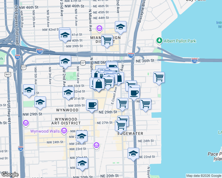 map of restaurants, bars, coffee shops, grocery stores, and more near 3250 Northeast 1st Avenue in Miami