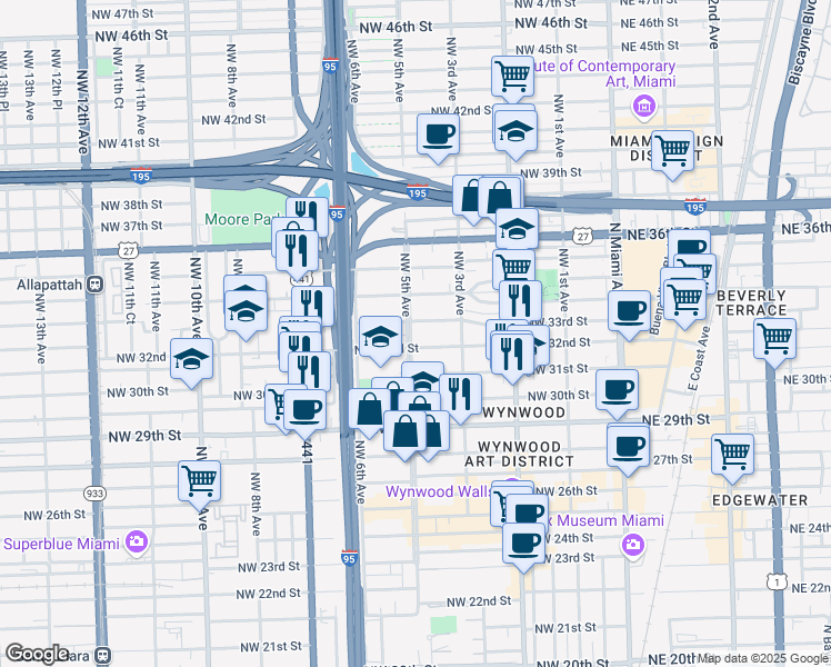 map of restaurants, bars, coffee shops, grocery stores, and more near in Miami
