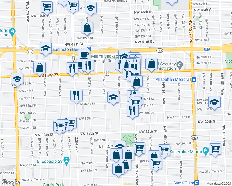 map of restaurants, bars, coffee shops, grocery stores, and more near 1802 Northwest 34th Street in Miami