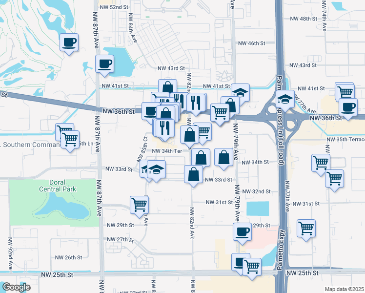 map of restaurants, bars, coffee shops, grocery stores, and more near 3470 Northwest 82nd Avenue in Doral