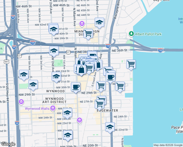map of restaurants, bars, coffee shops, grocery stores, and more near 3250 Northeast 1st Avenue in Miami