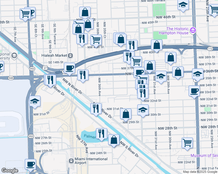 map of restaurants, bars, coffee shops, grocery stores, and more near 3528 Northwest 35th Street in Miami