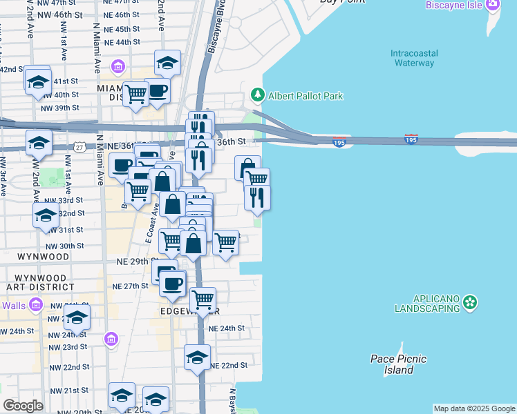 map of restaurants, bars, coffee shops, grocery stores, and more near 619-25 Northeast 32nd Street in Miami