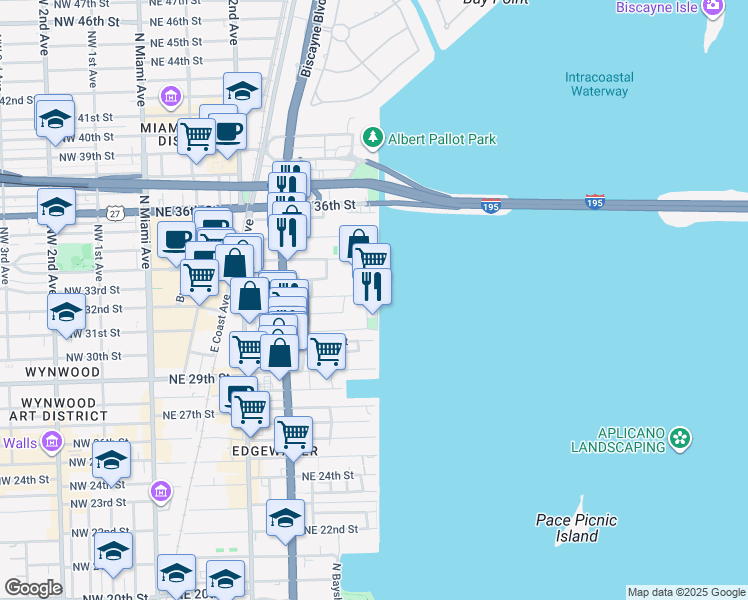 map of restaurants, bars, coffee shops, grocery stores, and more near 619-25 Northeast 32nd Street in Miami