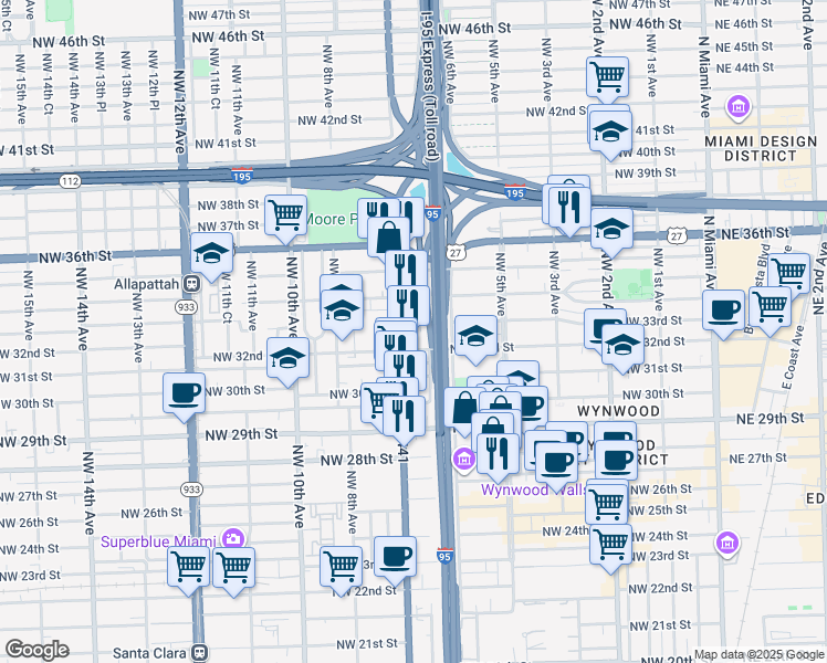 map of restaurants, bars, coffee shops, grocery stores, and more near 3301 Northwest 7th Avenue in Miami