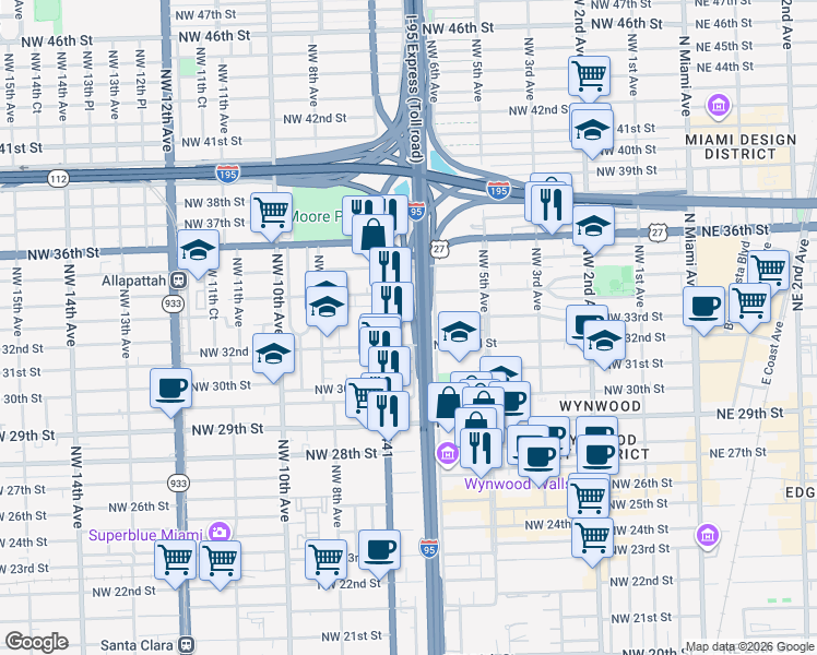 map of restaurants, bars, coffee shops, grocery stores, and more near 661 Northwest 33rd Street in Miami