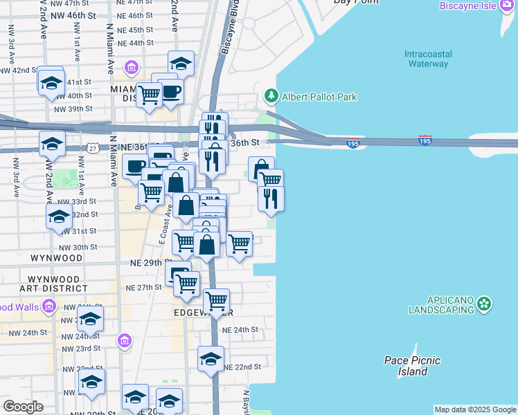 map of restaurants, bars, coffee shops, grocery stores, and more near 475 Northeast 32nd Street in Miami
