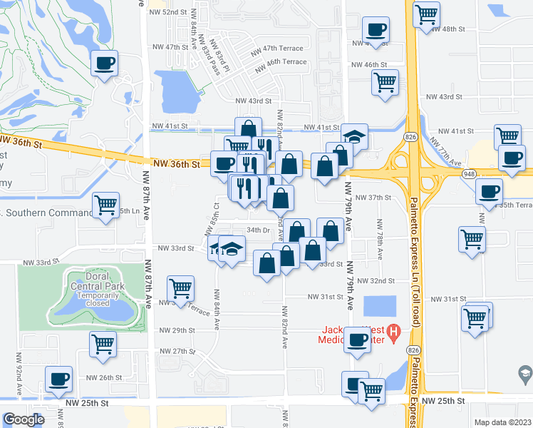 map of restaurants, bars, coffee shops, grocery stores, and more near 3470 Northwest 82nd Avenue in Doral