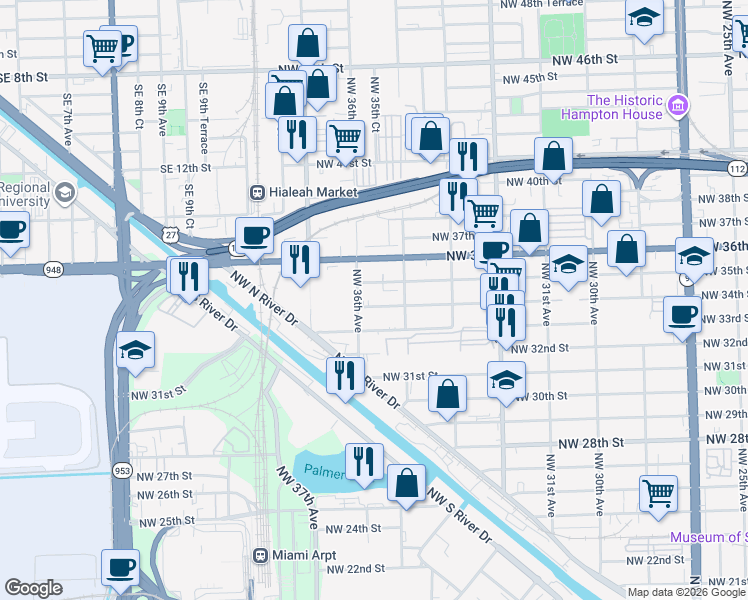 map of restaurants, bars, coffee shops, grocery stores, and more near 3528 Northwest 35th Street in Miami
