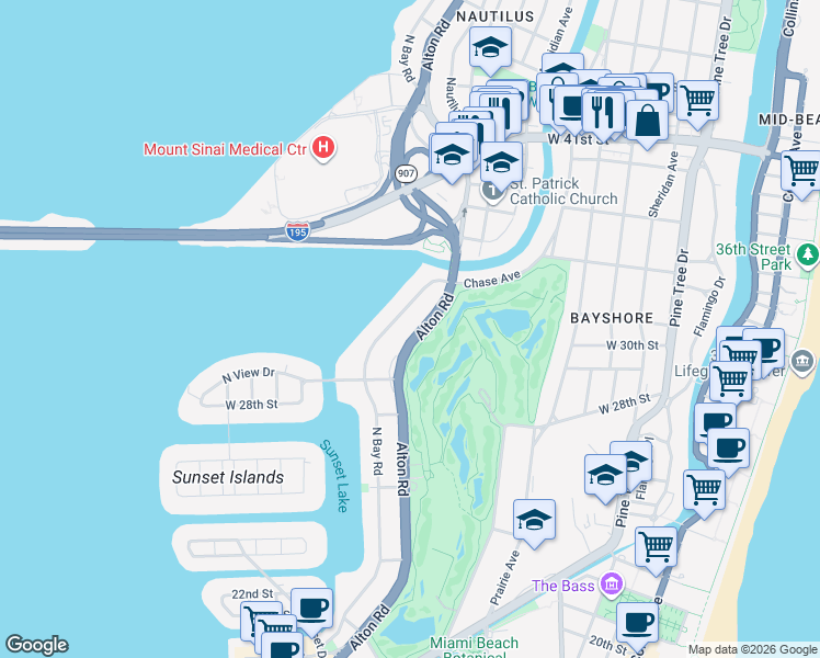 map of restaurants, bars, coffee shops, grocery stores, and more near 3040 Alton Road in Miami Beach