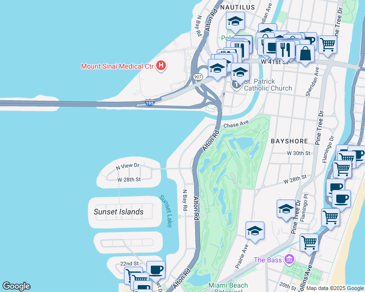 map of restaurants, bars, coffee shops, grocery stores, and more near 3026 North Bay Road in Miami Beach