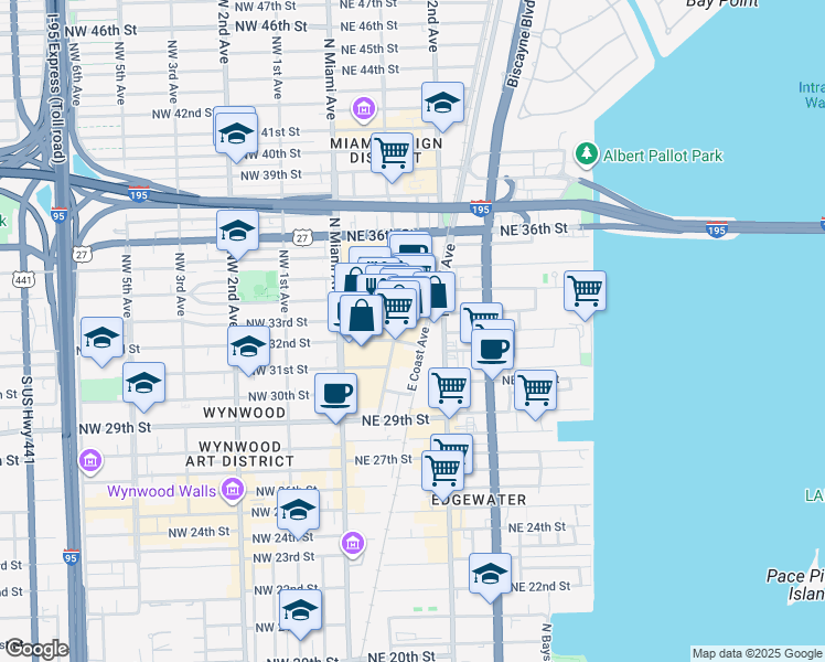 map of restaurants, bars, coffee shops, grocery stores, and more near 3250 Northeast 1st Avenue in Miami