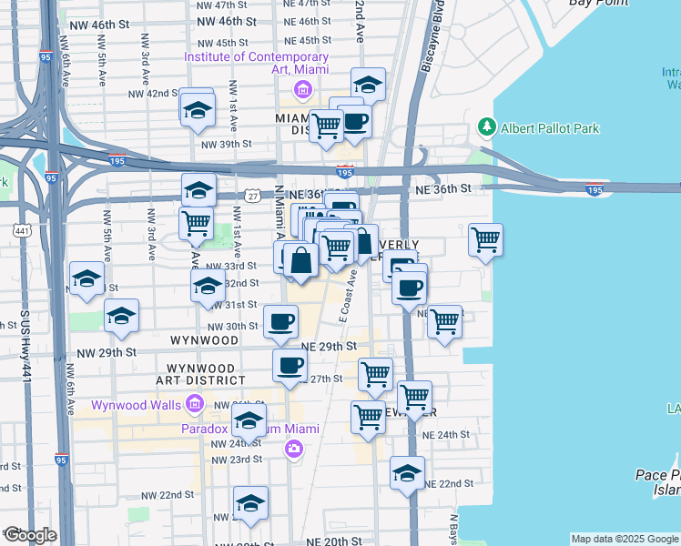 map of restaurants, bars, coffee shops, grocery stores, and more near 3250 Northeast 1st Avenue in Miami