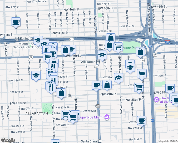 map of restaurants, bars, coffee shops, grocery stores, and more near 1271 Northwest 33rd Street in Miami