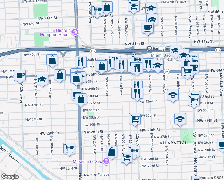 map of restaurants, bars, coffee shops, grocery stores, and more near 2341 Northwest 34th Street in Miami