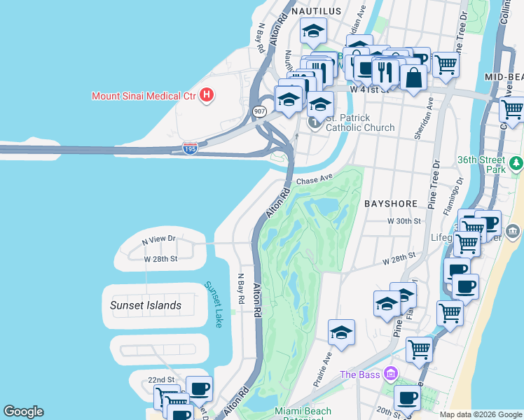 map of restaurants, bars, coffee shops, grocery stores, and more near 3040 Alton Road in Miami Beach