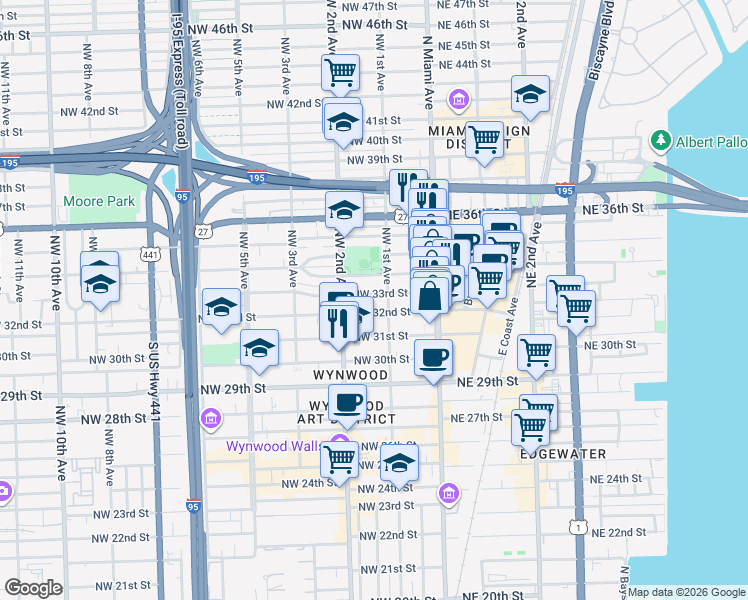 map of restaurants, bars, coffee shops, grocery stores, and more near 105 Northwest 33rd Street in Miami
