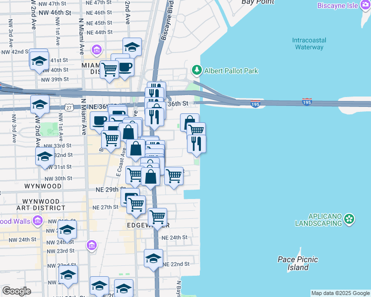 map of restaurants, bars, coffee shops, grocery stores, and more near 475 Northeast 32nd Street in Miami