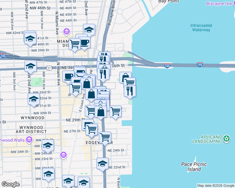 map of restaurants, bars, coffee shops, grocery stores, and more near 475 Northeast 32nd Street in Miami