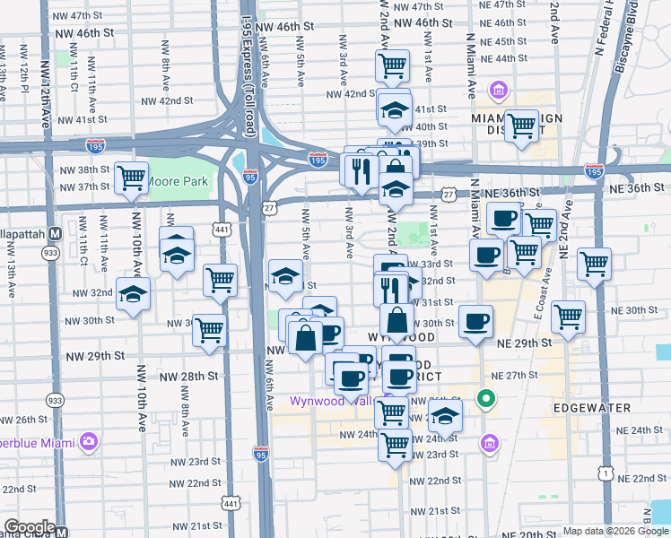 map of restaurants, bars, coffee shops, grocery stores, and more near 337 Northwest 33rd Street in Miami
