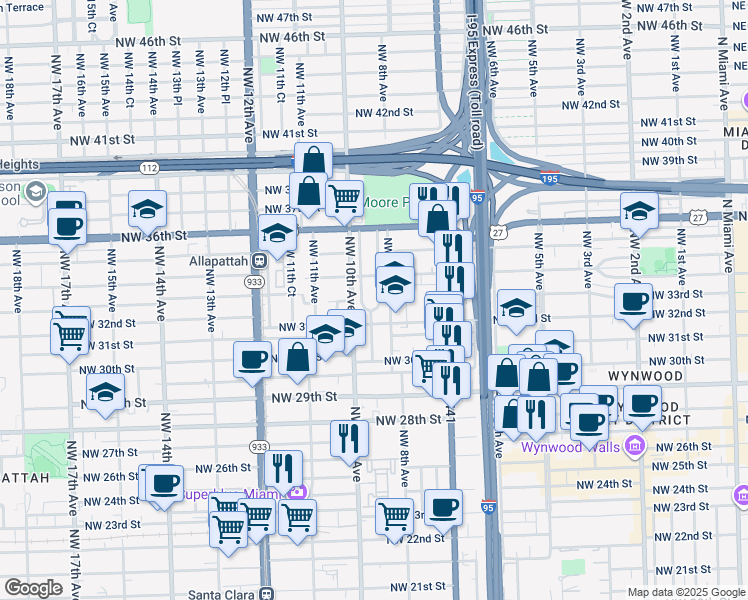 map of restaurants, bars, coffee shops, grocery stores, and more near 3313 Northwest 9th Court in Miami