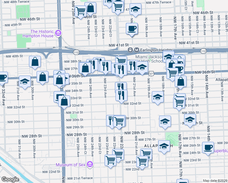 map of restaurants, bars, coffee shops, grocery stores, and more near 2261 Northwest 34th Street in Miami