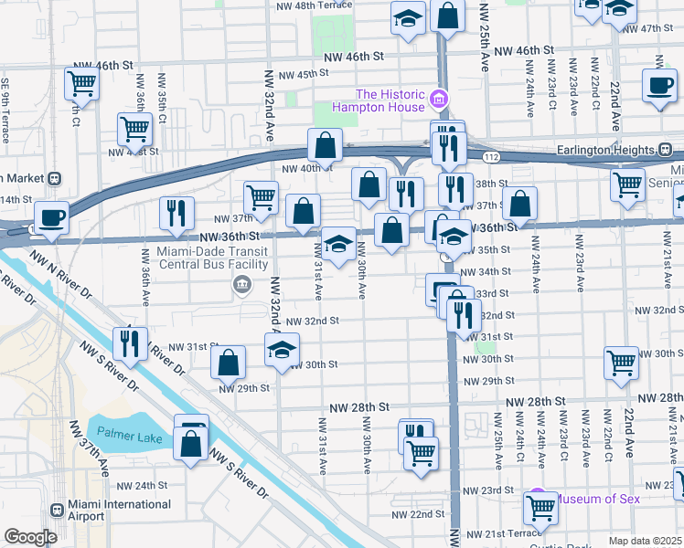 map of restaurants, bars, coffee shops, grocery stores, and more near 3050 Northwest 35th Street in Miami