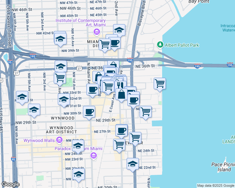 map of restaurants, bars, coffee shops, grocery stores, and more near 3232 Northeast 2nd Avenue in Miami
