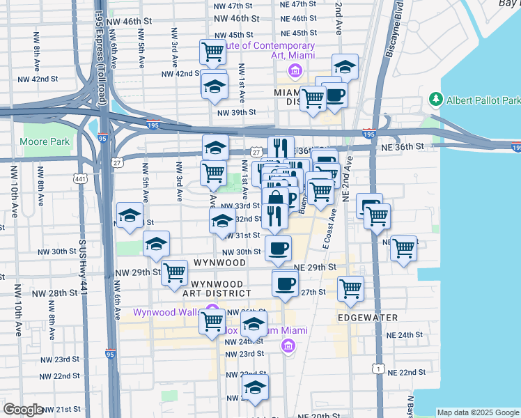 map of restaurants, bars, coffee shops, grocery stores, and more near 31 Northwest 33rd Street in Miami