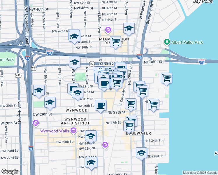 map of restaurants, bars, coffee shops, grocery stores, and more near 3401 North Miami Avenue in Miami