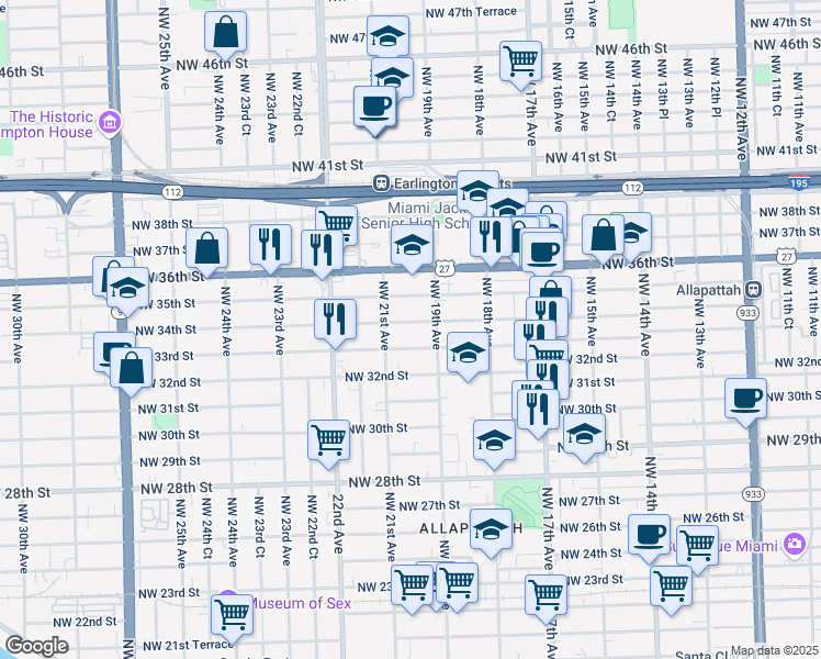 map of restaurants, bars, coffee shops, grocery stores, and more near 1948 Northwest 34th Street in Miami