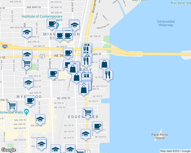 map of restaurants, bars, coffee shops, grocery stores, and more near 475 Northeast 32nd Street in Miami