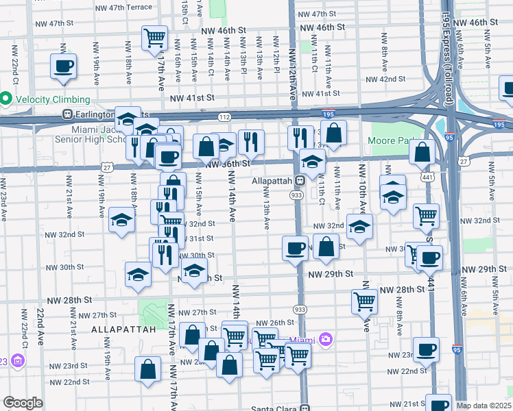 map of restaurants, bars, coffee shops, grocery stores, and more near 1343 Northwest 33rd Street in Miami