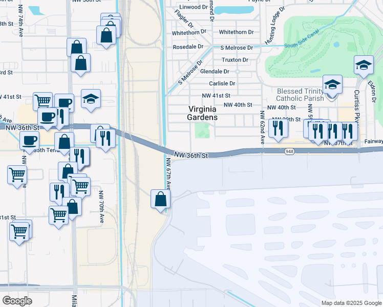 map of restaurants, bars, coffee shops, grocery stores, and more near 6555 Northwest 36th Street in Virginia Gardens