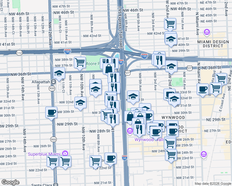 map of restaurants, bars, coffee shops, grocery stores, and more near 661 Northwest 33rd Street in Miami