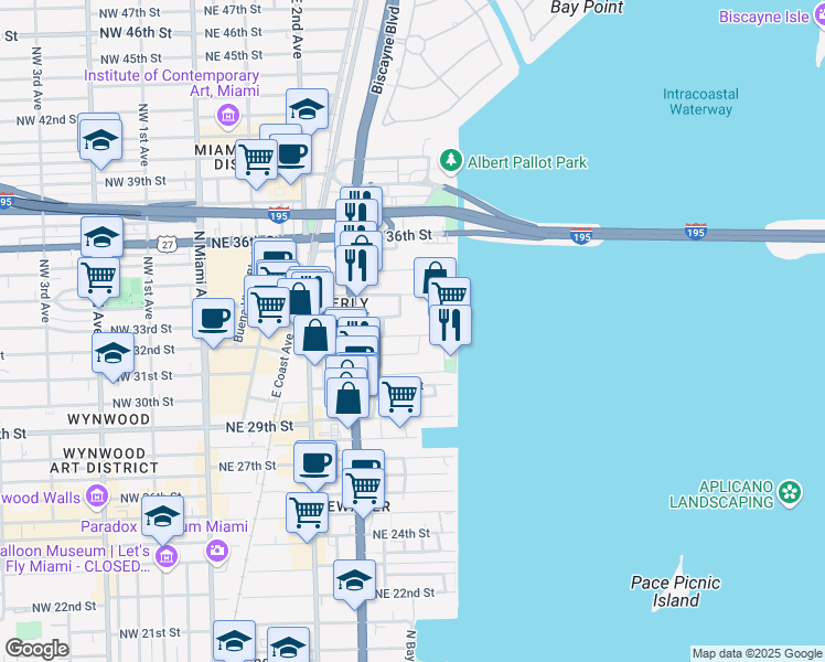 map of restaurants, bars, coffee shops, grocery stores, and more near 475 Northeast 32nd Street in Miami