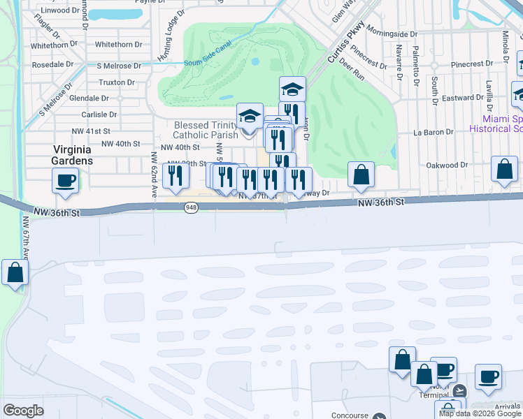 map of restaurants, bars, coffee shops, grocery stores, and more near 5754 Northwest 36th Street in Miami