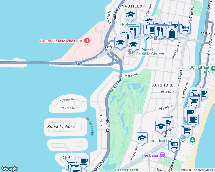 map of restaurants, bars, coffee shops, grocery stores, and more near 3045 North Bay Road in Miami Beach