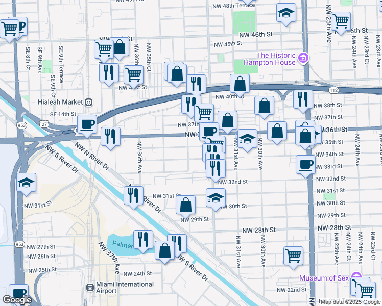 map of restaurants, bars, coffee shops, grocery stores, and more near 3298 NW 35th St in Miami