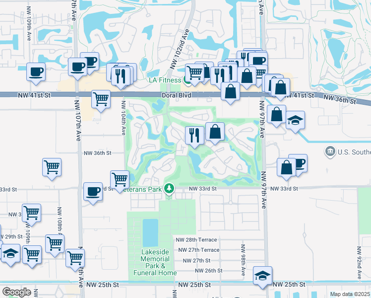map of restaurants, bars, coffee shops, grocery stores, and more near 100 Costa Del Sol Boulevard in Doral