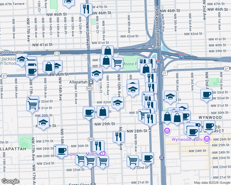 map of restaurants, bars, coffee shops, grocery stores, and more near 1065 Northwest 33rd Street in Miami