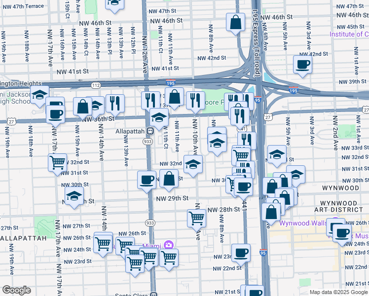 map of restaurants, bars, coffee shops, grocery stores, and more near 1065 Northwest 33rd Street in Miami