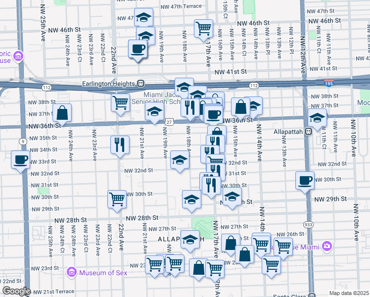 map of restaurants, bars, coffee shops, grocery stores, and more near 1802 Northwest 34th Street in Miami