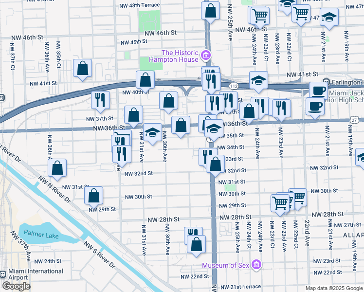map of restaurants, bars, coffee shops, grocery stores, and more near 2901 Northwest 34th Street in Miami