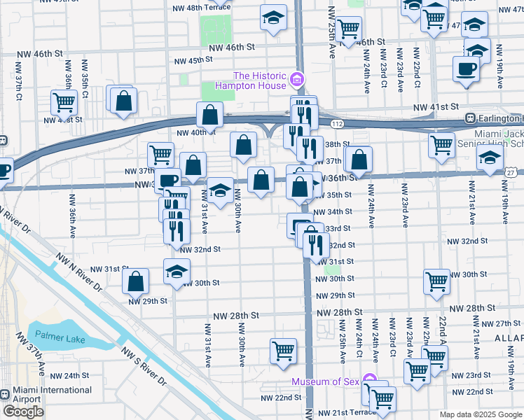 map of restaurants, bars, coffee shops, grocery stores, and more near 2901 Northwest 34th Street in Miami