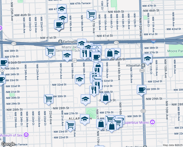 map of restaurants, bars, coffee shops, grocery stores, and more near 1733 Northwest 33rd Street in Miami
